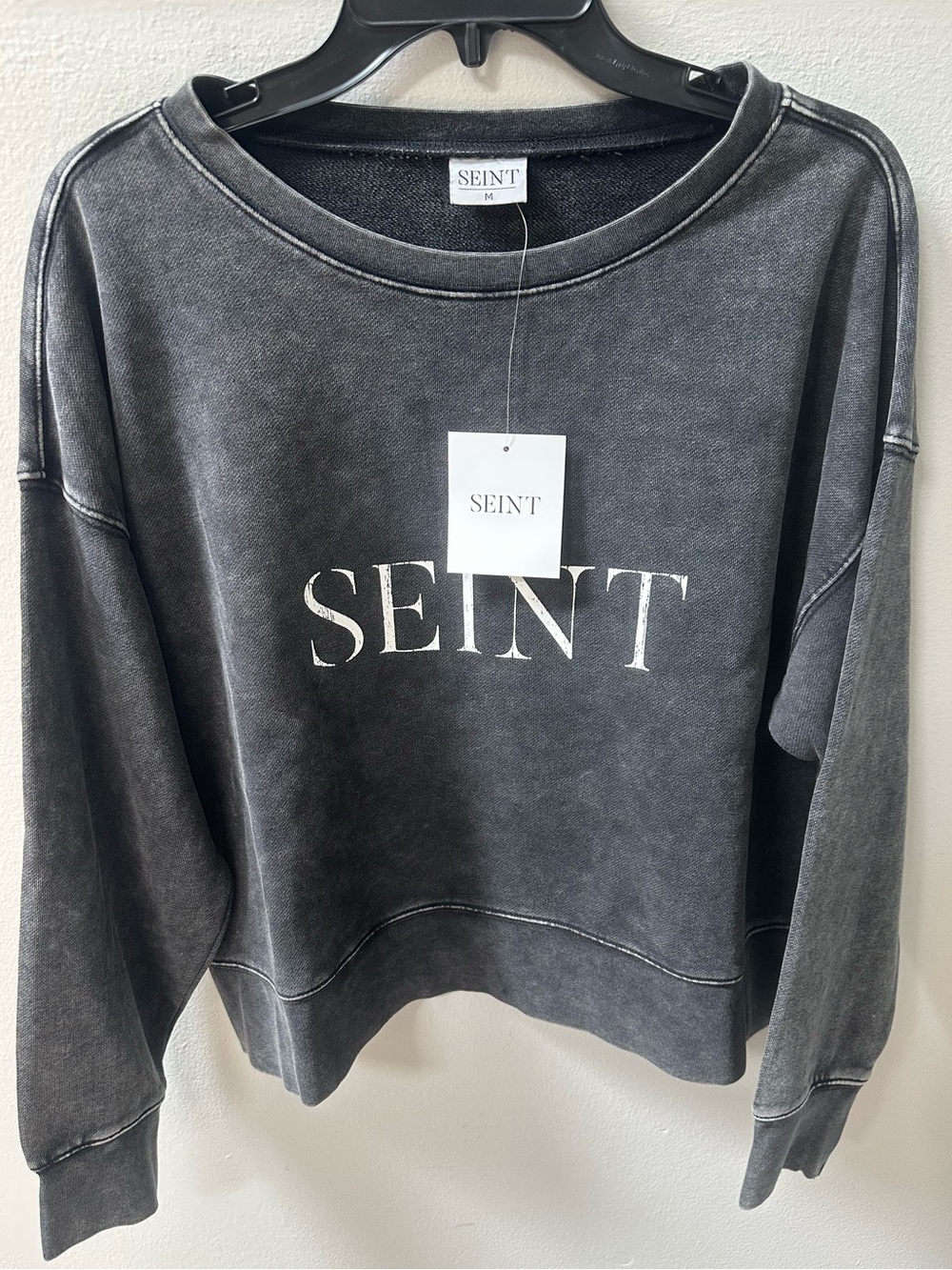 NWT SEINT Charcoal Acid Wash Cropped Crewneck Sweatshirt Logo Pullover Medium